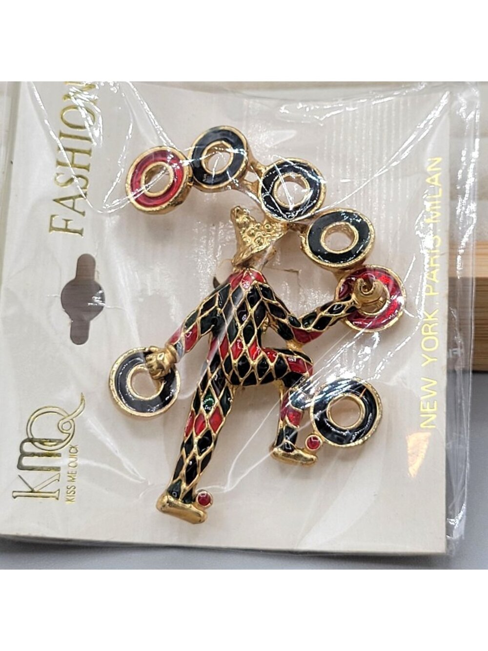 Enameled Jester Clown Brooch Juggling Red Black Rings Gold Tone KMQ